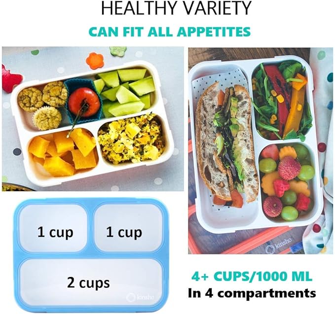 kinsho Bento Lunch Boxes for Adults or Kids | Large 3 Compartment Containers with Dividers for Meals and Snacks for School or Work Lunches, Women Men Includes Utensils | Coral Blue 2 pack