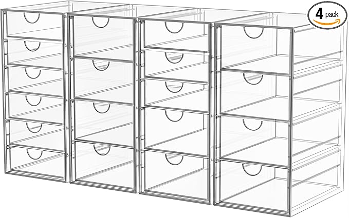Acrylic Makeup Organizer with 19 Drawers, 4 Pack Clear Storage Drawers, Bathroom Makeup Organizer for Palettes, Cosmetic, and Beauty Supplies,Ideal for Vanity, Cabinet,Desk Organization