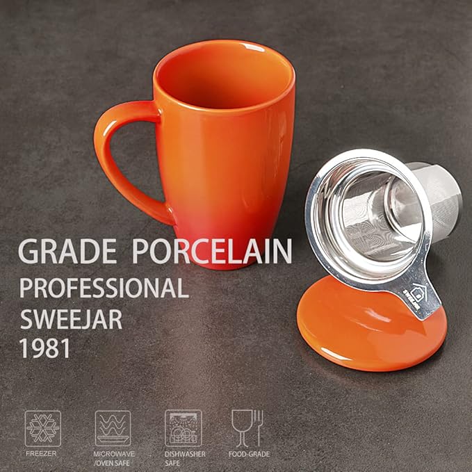Sweejar Porcelain Tea Mug with Infuser and Lid,Teaware with Filter, Loose Leaf Tea Cup Steeper Maker, 16 Fl Oz for Tea/Coffee/Milk/Women/Office/Home/Gift (Gradient Orange)