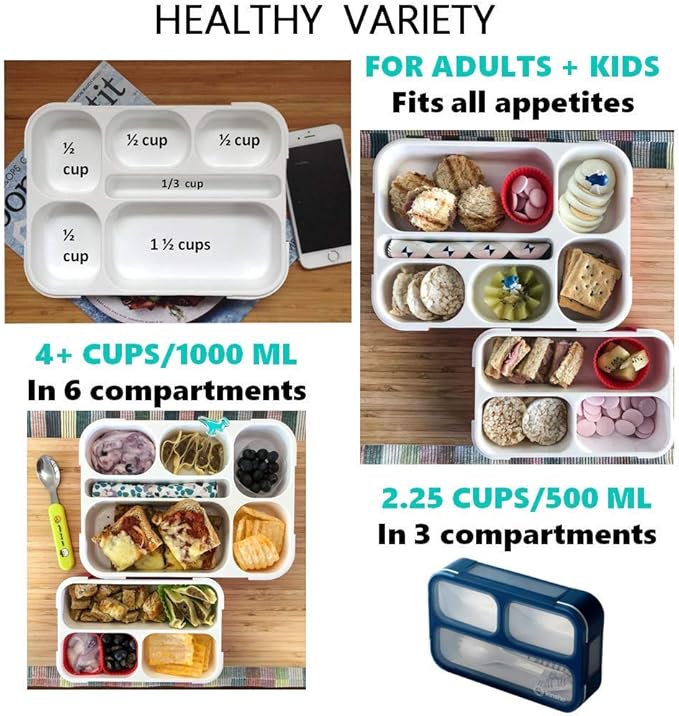 Bento-Box Lunch Box & Portion Control Snack Container Set, Leakproof Lunch-Boxes, Containers for School Meal Prep, Kids Boys Girls Adults, BPA Free, Utensils, Blue Large and MINI 2 pack