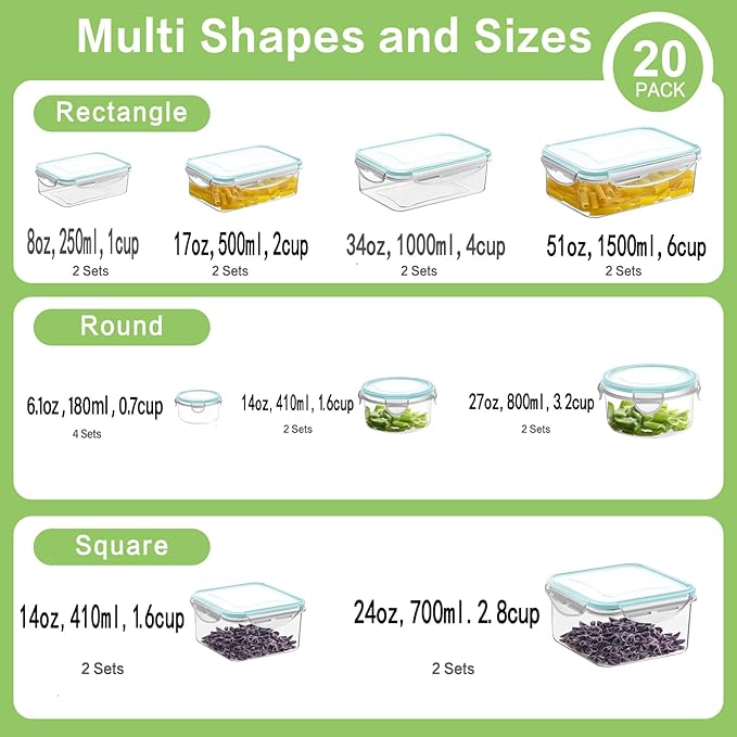 HOMBERKING 40 Pieces Food Storage Containers Set with Snap Lids (20 Lids + 20 Containers), Meal Prep Airtight Plastic Box, BPA-Free Lunch Containers for Kitchen, Pantry, Home, Light Blue