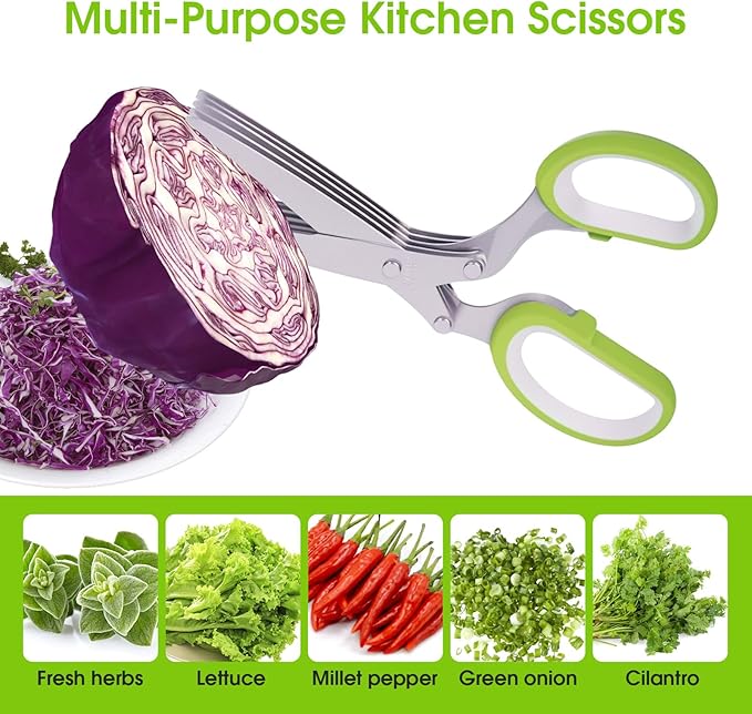 Herb Scissors, Kitchen Shears with 5 Blades and Cover, Multipurpose Cutting, Dishwasher Safe, Used for cutting herbs and paper, Green