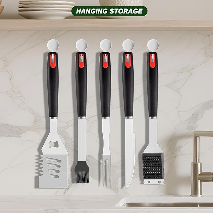 Grilling Accessories Set Spatula Fork Cleaning Brush Food Tongs Carving Knife Basting Brush Durable Stainless Steel BBQ Grill Tools with Extra Thick Storage Case BBQ Accessories Grill Set