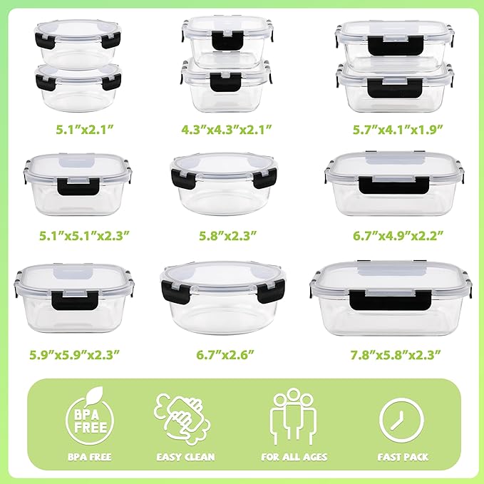kakw12 Packs Glass Food Storage Containers,Glass Meal Prep Container for Lunch,can be used in the Microwave, Oven, Freezer and Dishwasher,with Upgraded Snap Locking Lids. (12 Packs)