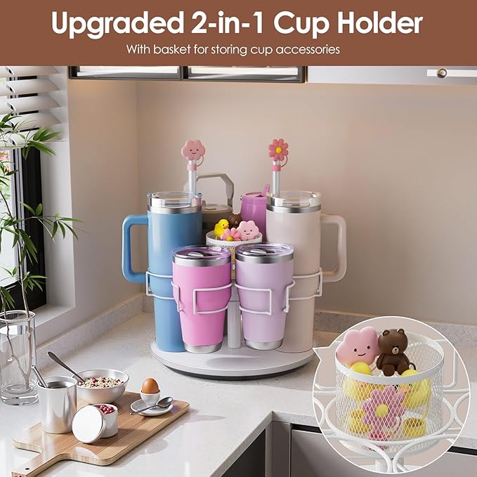 Kssaiz Kssiaz Water Bottle Organizer for 20/30/40oz Stanley & Other Large Tumbler, 6 Slots Stanely Cup Organizer with Straw Sleeve, Cup Bottle Holder for Cabinet Home Countertop Pantry Shelf, White