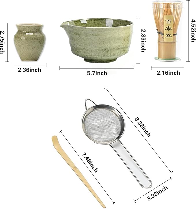 Matcha Whisk Set, Matcha Bowl with Spout, Matcha Whisk and Holder, Bamboo Matcha Scoop and Stainless Steel Sifter - 5 Pcs Mottled Green Kit Gift for Birthday Christmas