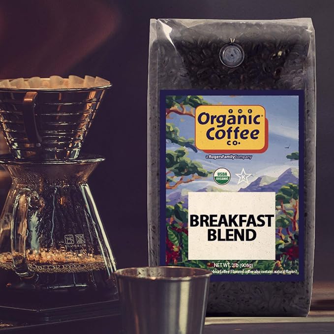 Organic Coffee Co. Breakfast Blend Whole Bean Coffee 2LB (32 Ounce) Medium Light Roast USDA Organic