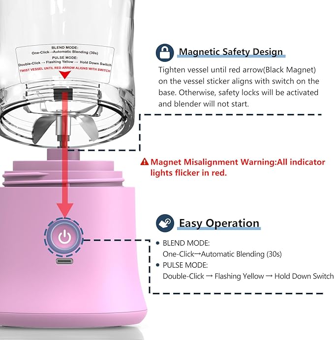 DENOKIN Portable Blender,Personal Size Blender for Shakes and Smoothies (Purpleish Pink, 20oz)