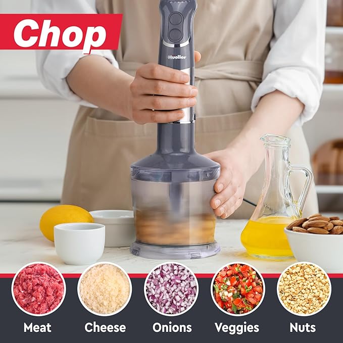 Mueller Multistick 5-in-1 Immersion Blender Handheld,12 Speed Hand Mixer-Turbo Boost,Heaviest Duty Copper Motor,Titanium reinforced Blades Hand Blender,Milk Frother Wand,Whisk,Beaker,Chopper,Grey