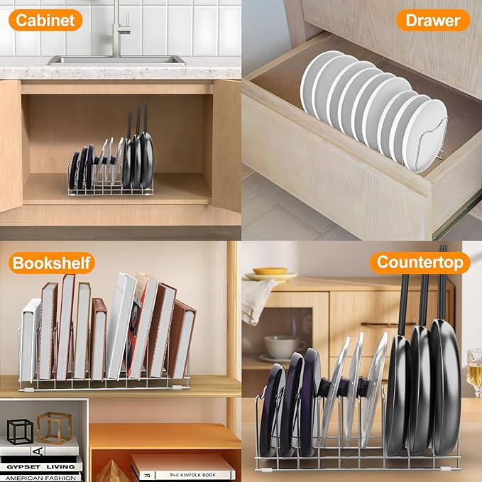 FLSEPAMB Lid Organizer Pot Lid Organizer 10-Tier Pot Lid Rack Holder Suitable for Bakeware Dish Plate, Cutting Boards, Pots & Pans, Serving Trays, Reusable Containers in Cabinet Pantry (1 Pack)