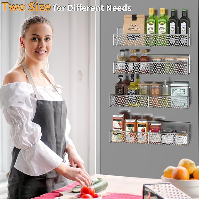 Magnetic Spice Rack for Refrigerator, 4 Pack 100% Metal Strong Magnet Fridge Shelves, Space Saving Spice Organizer, No Drilling Home Kitchen Laundry Room Storage Organization Moveable, Grey