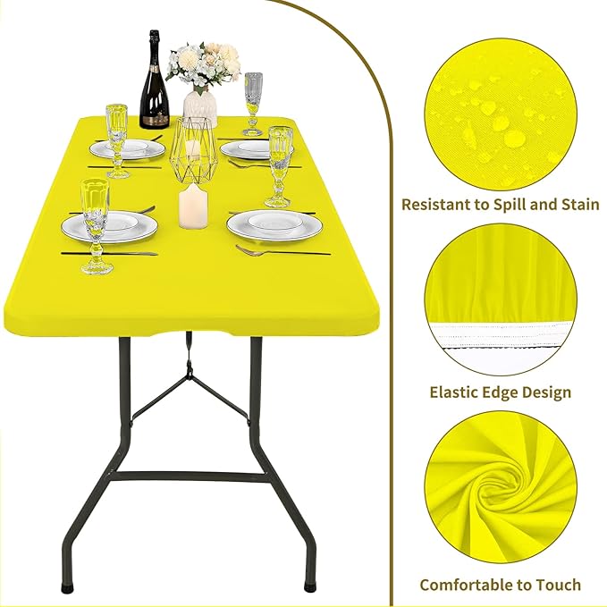 10 Pack Fitted Tablecloth for 8 Foot Rectangle Tables, Yellow Elastic Outdoor Picnic Table Cover, Washable Stretch Folding Table Cloths 8 ft for Camping Party Patio Kitchen Banquet, 30" W x 96" L