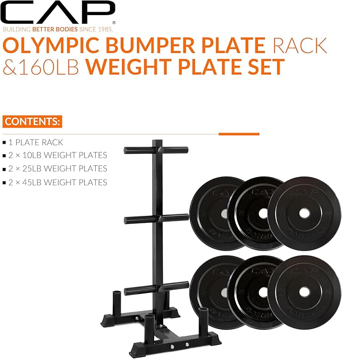 CAP Barbell 2-Inch Olympic Bumper Plate Weight Set with 6 Post Rack | 100-370 lbs | Multiple Options