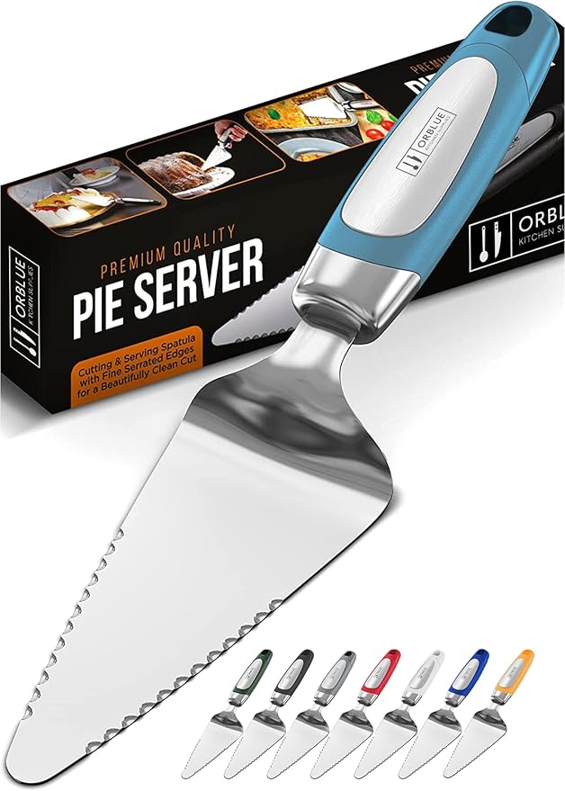 Orblue Pie Server, Essential Kitchen Tool, Serrated on Both Sides, Great for Right or Left Handed Chef, Stainless Steel Flatware, Cake Cutter, Blue