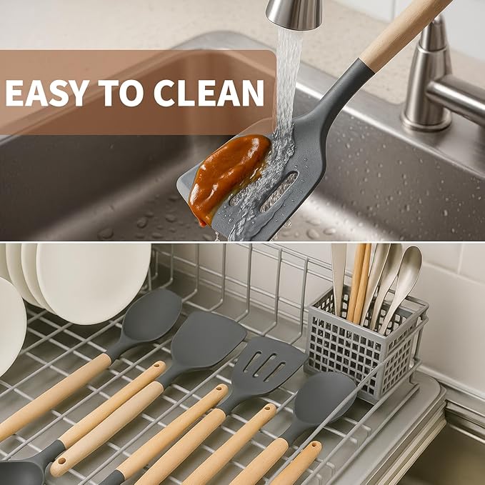 77L 32 PCS Silicone Kitchen Cooking Utensils Set, Non-Stick Cooking Kitchen Utensils Spatula Set with Holder, Turner, Tongs, Spatula, Spoon, Wooden Handle Kitchen Gadgets Utensil Set, Dishwasher Safe