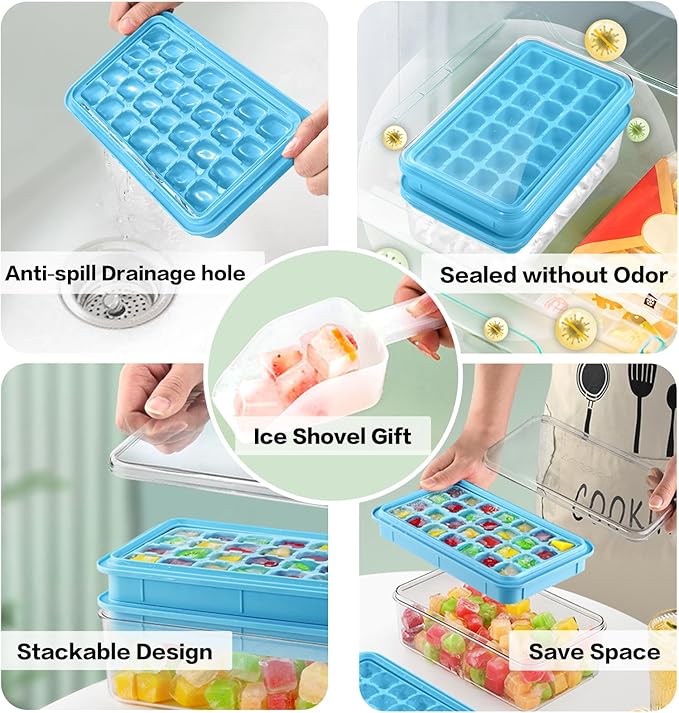 Longzon Ice Cube Tray with Lid and Bin, 56 Pcs Ice Cube Trays for Freezer, Ice Cube Mold, Ice Molds Spill-Resistant Removable Lid & Ice Scoop, Ice Mold for Whiskey Cocktail, Tea, Coffee -Blue
