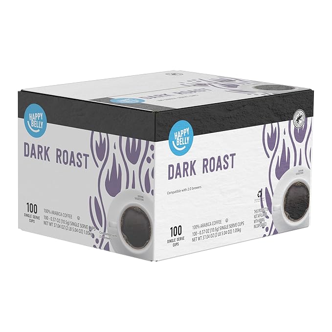 Amazon Brand - Happy Belly Dark Roast Coffee Pods, Compatible with Keurig 2.0 K-Cup Brewers, 100 Count