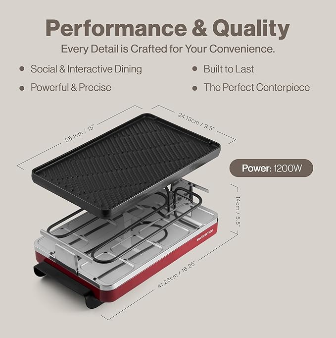 Swissmar Classic 8-Person Raclette Party Grill with Reversible Cast Iron Grill Plate/Crepe Top, Indoor Electric Raclette Grill & Griller - Red