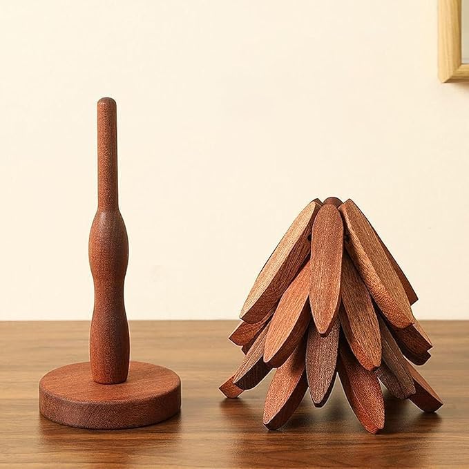 Natural Wood Tree Trivet Set, 𝐍atural Tree Trivet Set - 4 Wooden Trivets,4 Wooden 𝐓rivets & 1 Stand Like a Christmas Trees,for Hot Dish,Pot,Bowl,Teapot,Hot Pot Sets (Walnut Finish 3 Trivets,2set)