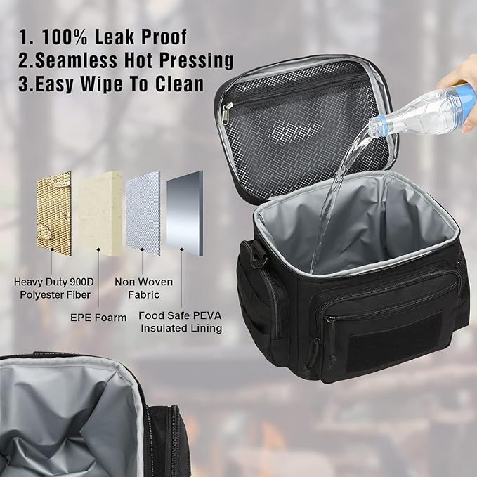 Lunch Box for Men, Tactical Lunch Bag MOLLE Webbing Leakproof Insulated Large Lunch Cooler Women Adult Meal with Adjustable Shoulder Strap Durable Lunch Pail(Black)