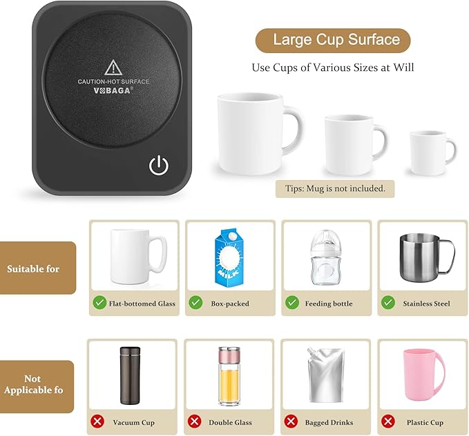 VOBAGA Coffee Mug Warmer for Desk with Auto Shut Off & 3-Temp Settings, Coffee Cup Warmer with Smart Safety Alert Home Office Accessory, Perfect for Coffee, Tea, Milk (Mug for Display)