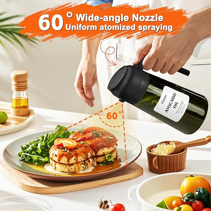 Oil Sprayer for Cooking, 2 in 1 Olive Oil Dispenser Bottle for Kitchen, 16oz/470ml Premium Glass, Food-grade Oil Mister for Air Fryer, Salad, Frying, BBQ (Black + Dark Green Bottle)