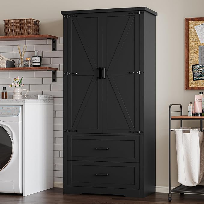 Pantry Organizers and Storage Cabinet, 71” Barn Door White Kitchen Cabinet with Drawers and Adjustable Shelf, Tall Pantry for Kitchen, Dining Room, Living Room. Bathroom and Office