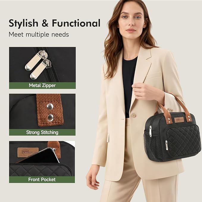 HOMESPON Lunch Bag for Woman Man Adults with Front Pocket Insulated Lunch Tote Lunch Box Container for Work Picnic or Travel(Black Side Pockets)