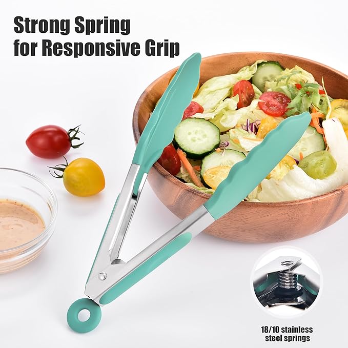 Doosu Kitchen Tongs for Cooking - 600°F Heat Resistant Food Tong with Non-Scratch Silicone Tips, Heavy Duty Stainless Steel Locking Tong for BBQ, Grilling Steak, Serving Salad, Pasta (7in, Aqua Sky)