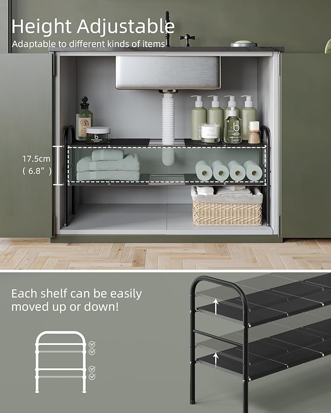 NETEL 2 Pack Under Sink Organizers and Storage,Expandable Under Cabinet Organizer Shelf with 8 Removable Panels,Expandable Shelf for Cupboard,Kitchen,Bathroom,Shoe Storage Rack