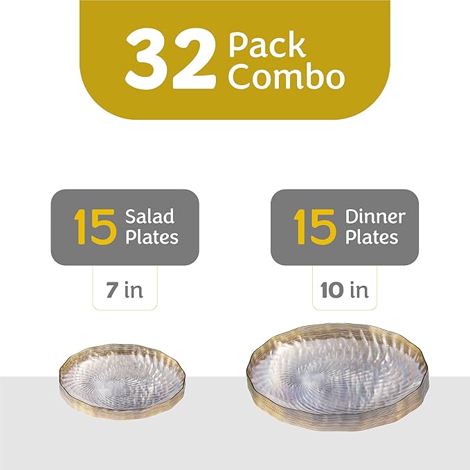 PLASTICPRO 30 Pack Plastic Plates Set of 15-10 inch Plates and 15-7 inch Plate, Elegant Clear Spiral and Gold Rim Disposable Fancy Plate Premium Heavyweight