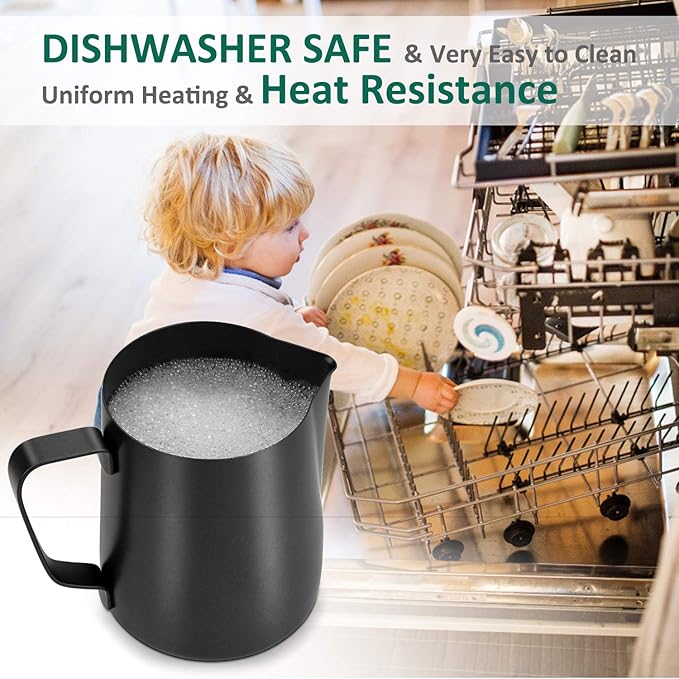 Milk Frothing Pitcher 350ml/12oz Steaming Pitchers Stainless Steel Milk Coffee Cappuccino Latte Art Barista Steam Pitchers Milk Jug Cup with Decorating Art Pen, Matte Black