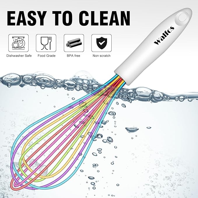 Walfos Whisk,5+7+9+11in Silicone Whisks for Cooking,Rainbow Wisk for Non-Stick Cookware,Balloon Egg Whisks Perfect for Blending,Baking,Beating,Minxing.BPA Safe and Dishwasher safe.Colorful 4pcs.