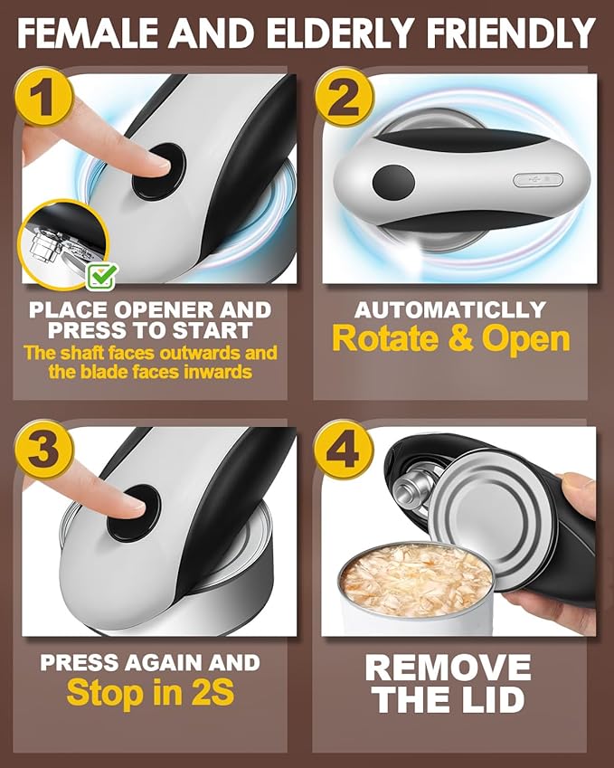 Rechargeable Electric Can Opener, One Touch Safety Automatic Can Opener - Easy Smooth Edge Hands Free, Battery Operated Openers Fits Most Cans, Ideal for Seniors People with Weak Hands & Arthritis