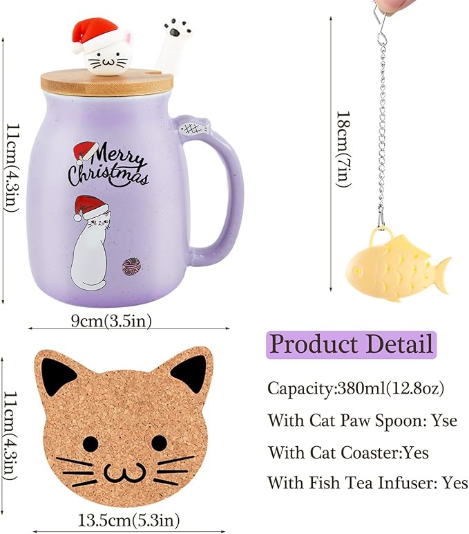 BigNoseDeer Christmas Mugs Kawaii Cat Mug Tea Cup with Infuser Cute Mugs Ceramic Coffee Mug with Lid, Spoon,Coaster Kitty Tea Mug Christmas Gifts Cat Lovers Gifts (Purple 13oz)