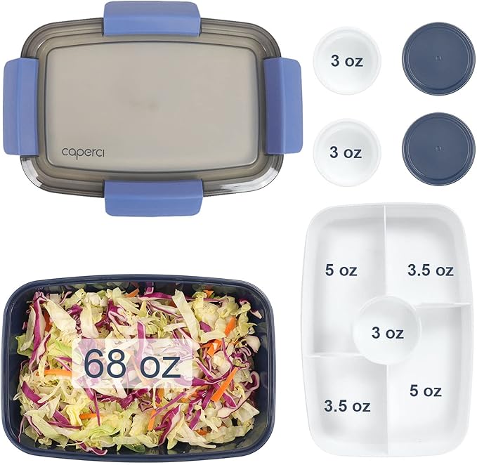 Caperci Large Salad Container Bowl for Lunch - Better Adult Bento Lunch Box 68 oz, 5-Compartment Tray, 2pcs 3-oz Sauce Cups, Stackable, BPA-Free (Navy)