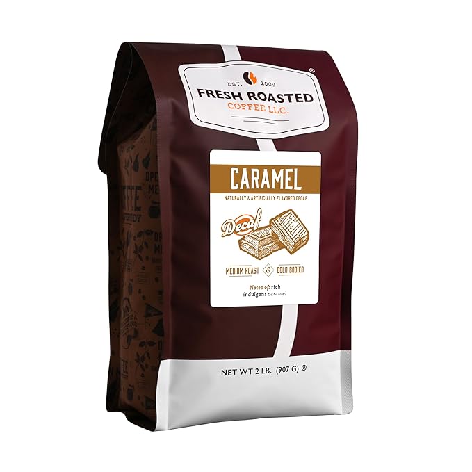Fresh Roasted Coffee, Decaf Caramel Flavored Coffee, 2 lb (32 oz), Medium Roast, Kosher, Whole Bean