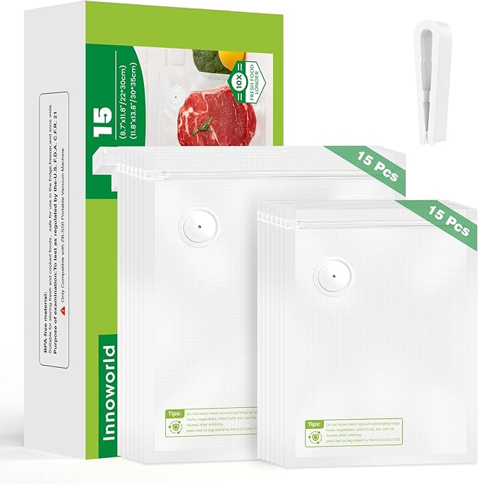 Reusable Vacuum Sealer Bags for Food, 30 BPA-Free Small (8.7 x 11.8 in, 11.8 x 13.8 in) Food Storage Bags, Freezer, Microwave, Odor-Resistant, Leak-Proof, Fit with Compact Vacuum Sealers