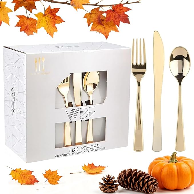 WDF 180 Pieces Disposable Plastic Gold Silverware Cutlery - Disposable Flatware Set 60 Forks, 60 Knives and 60 Spoons - Heavy Duty Gold Plastic Cutlery - Utensils for Party, Wedding, Thanksgiving