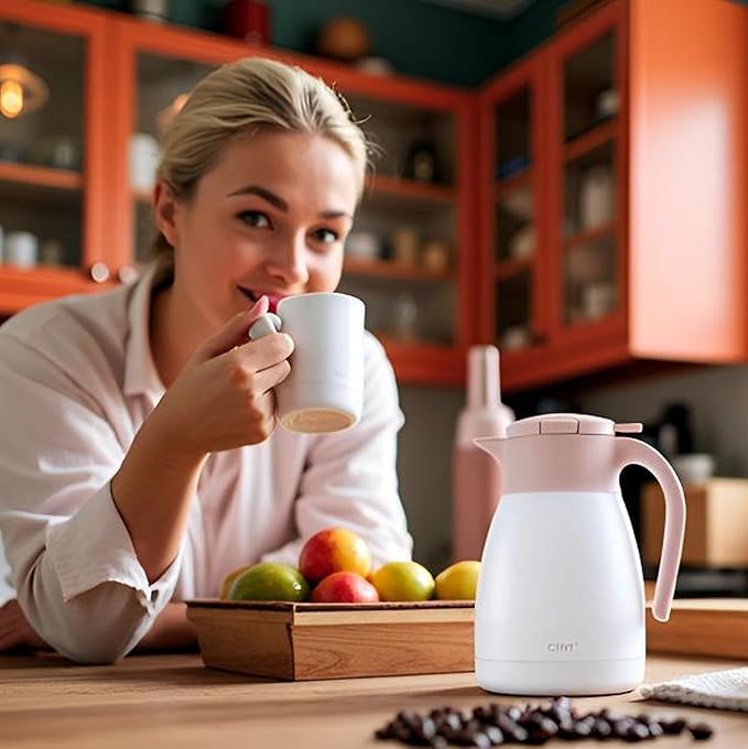 GiNT 1L / 34Oz Thermal Coffee Carafe, Insulated Stainless Steel Coffee Carafes for Keeping Hot/Double Walled Vacuum Thermal Carafe (White)