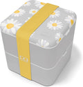 monbento - Large Bento Box MB Square Daisy with Compartments - Leakproof Lunch Box for Work and Meal Prep - BPA Free - Food Grade Safe - Flowers Pattern - Grey
