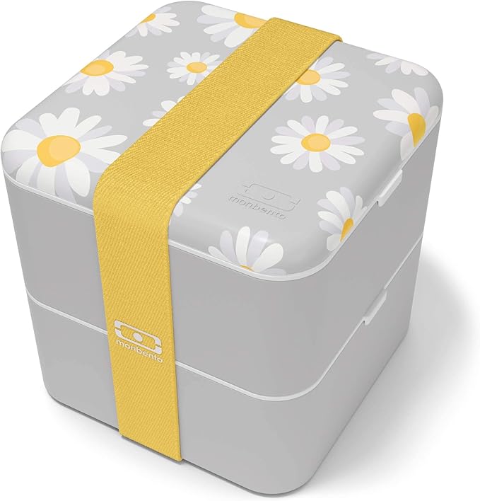 monbento - Large Bento Box MB Square Daisy with Compartments - Leakproof Lunch Box for Work and Meal Prep - BPA Free - Food Grade Safe - Flowers Pattern - Grey