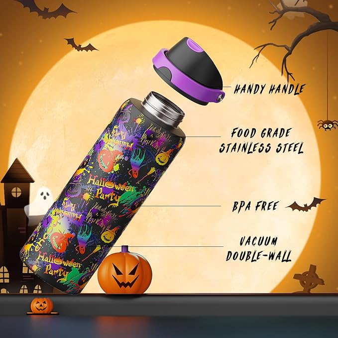 Halloween Insulated Water Bottle with Straw - Stainless Steel Water Bottle with Push Button Lid, Leak-Proof BPA-Free, Keeps Cold for 24 Hours for Halloween gifts, Party (32 oz, Ghost Party)