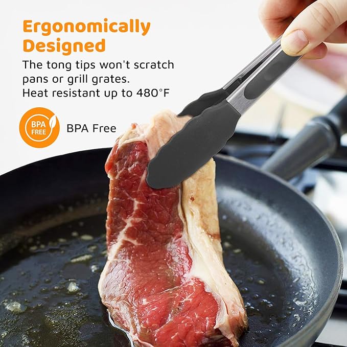 Popco 3-Piece Kitchen Tongs Set – Stainless Steel Heat Resistant Silicone Tips, Strong Comfort Grip, 3 Sizes (7, 9, 12 Inch), Non-Scratch, Dishwasher Safe, for Cooking, BBQ, Salad