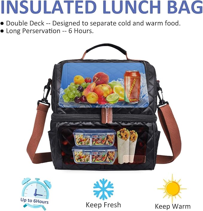 LOKASS Lunch Box for Women-Double Deck Insulated Adults Lunch Bag with Removable Shoulder Strap- Cute Wide Open Lunch Tote for Work/Office/Picnic/Beach/Travel (Square)