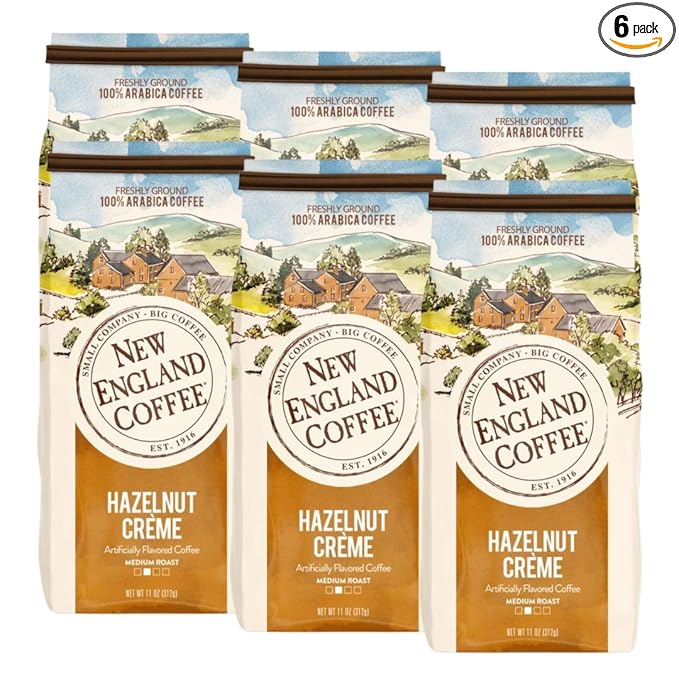New England Coffee Hazelnut Crème Medium Roast Ground Coffee, 11oz Bag (Pack of 6)
