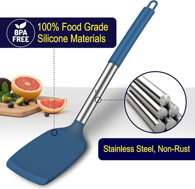 HOTEC Silicone Spatula Set of 2 Heat-Resistant 600°F & BPA-Free Kitchen SaptulaTurner with Stainless Steel Handles, Slotted & Solid Spatulas for Nonstick Cookware, 13.7 Inch, Classic Blue