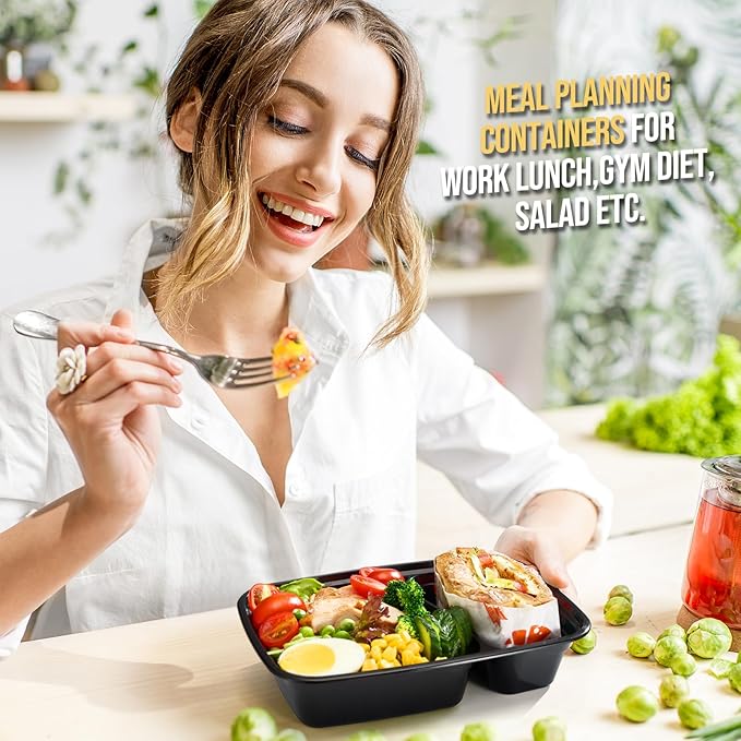 Glotoch Express 300 Pack 32oz Black 2 Compartment Square Meal Prep Containers, Food Storage Containers with Lids for Microwave Dishwasher Freezer Safe