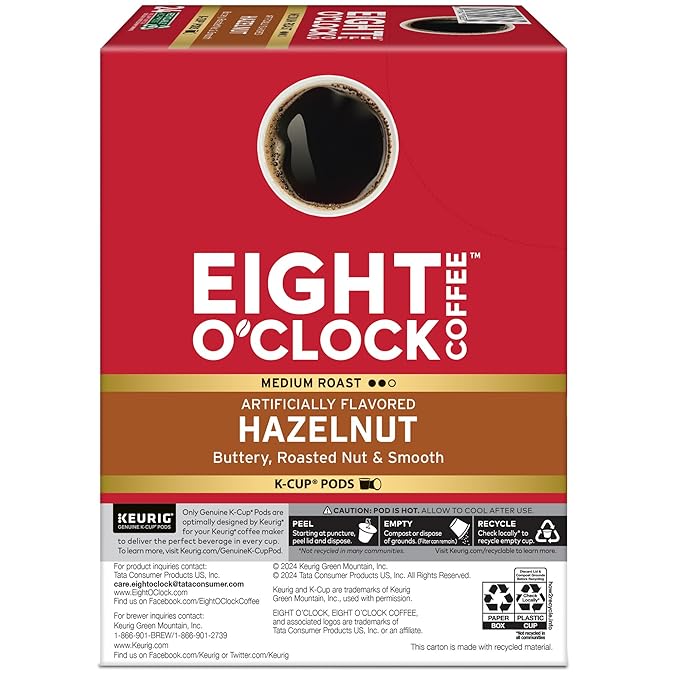 Eight O'Clock Coffee Hazelnut, Single-Serve Keurig K-Cup Pods, Flavored Medium Roast Coffee Pods, 96 Count