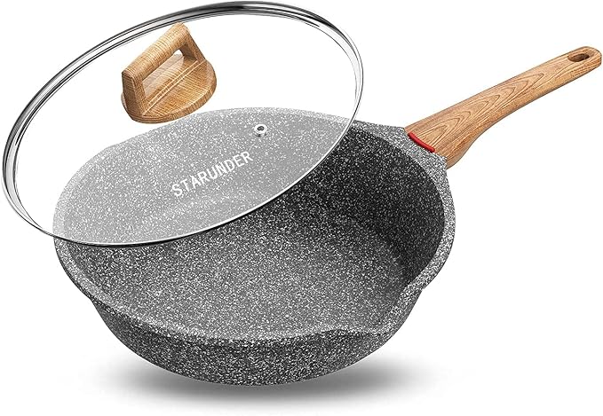 Induction Nonstick Skillet Frying Pan With Lid,Swiss Granite Omelette Pan, Scratch-Resistant Safe Cookware Set，PFOA Free(8 inch)